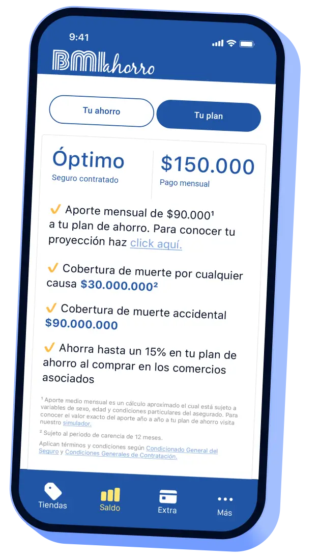 Plan óptimo de BMI Ahorro Colombia detallando coberturas de seguro de vida y ahorro