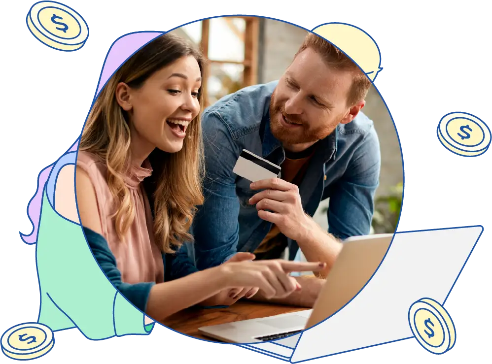 Pareja feliz utilizando el cashback de BMI Ahorro